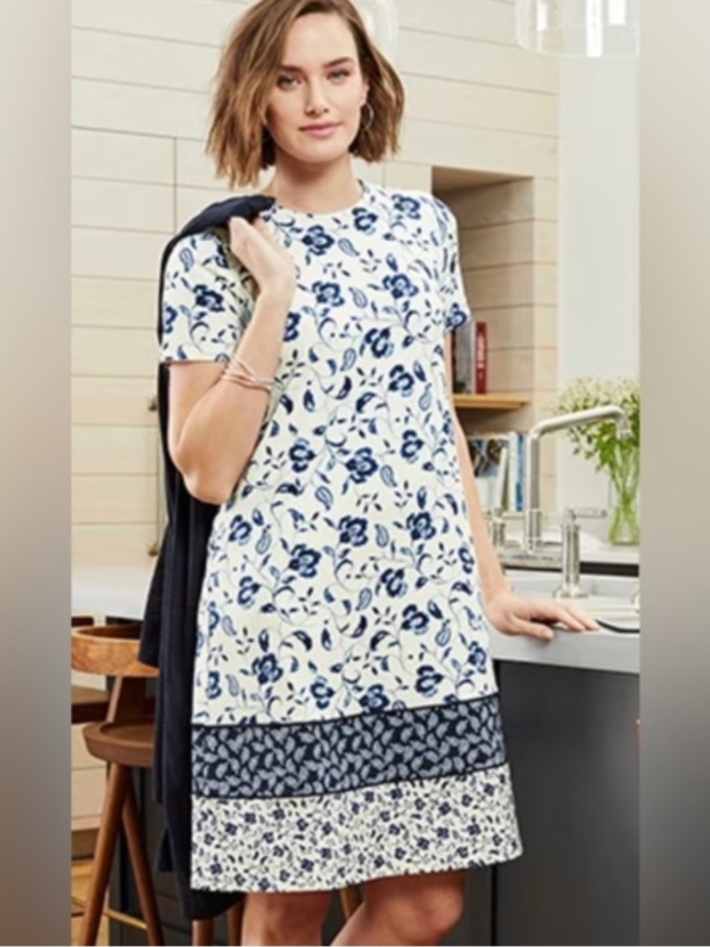 J. Jill White and Navy Floral Midi Dress LG